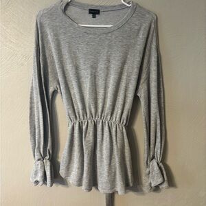 Buckle Heather Gray Cinched Waist Peplum Long-Sleeve Top with Tie Cuffs